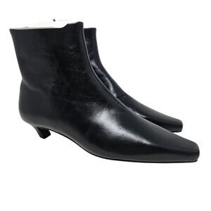 NEW MNG Mango 37 Black Leather Kitten Heel Boot Minimalist Square Toe Zipper
